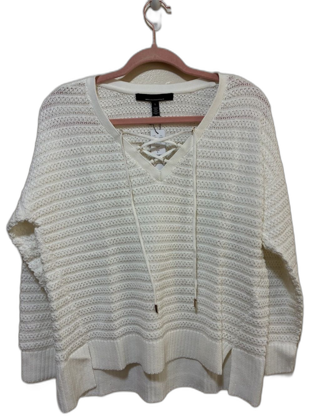 WHBM Lace-Up V-Neck Cotton Open Knit Sweater - White size large